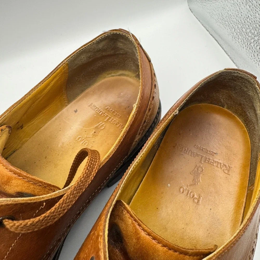 Polo Ralph Lauren Mens Tan Leather Cap Toe Brogue Oxford Shoes AAM18481 Size 10D